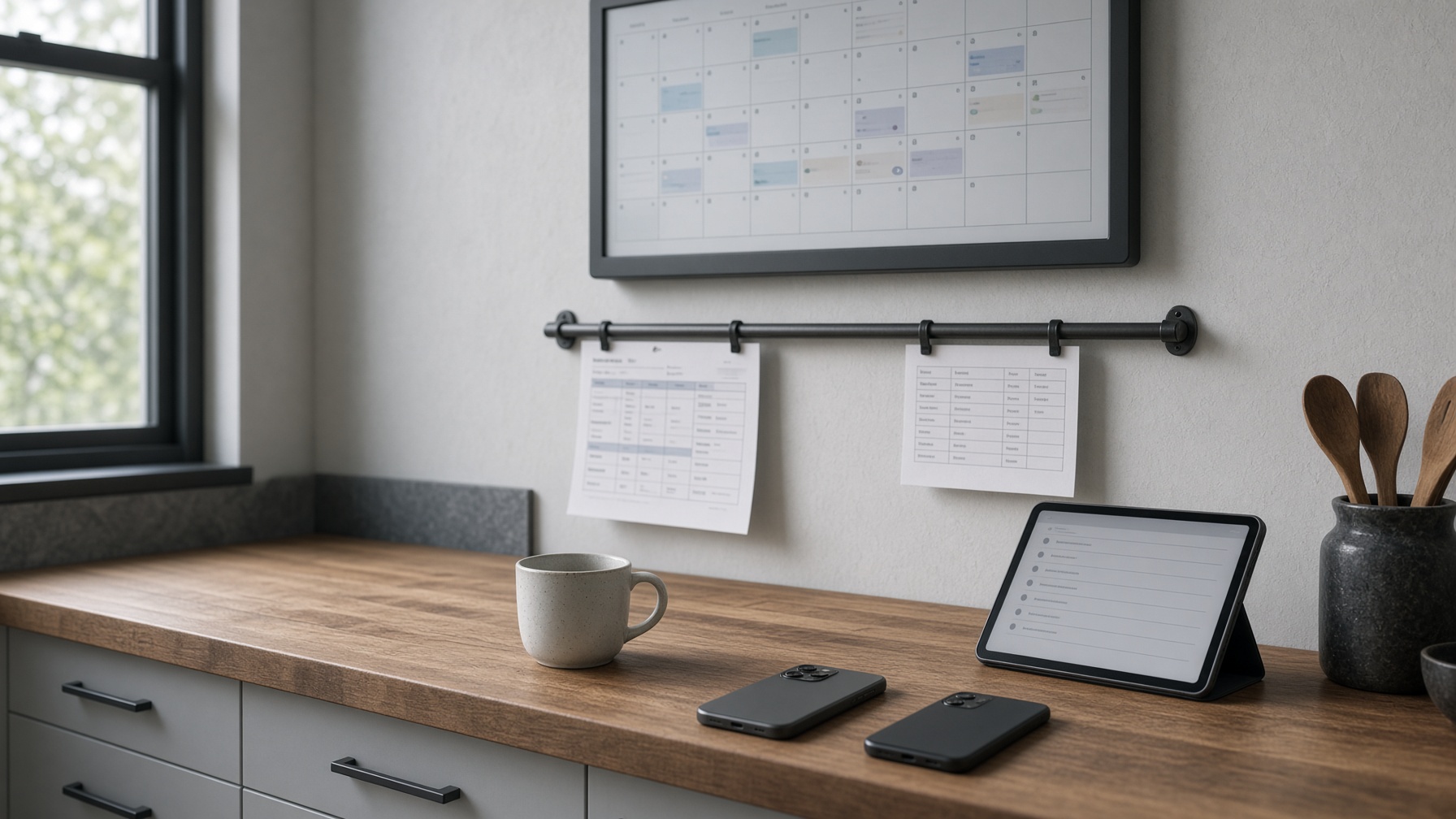 A U.S. kitchen command center: wall calendar, school papers, shared grocery list.